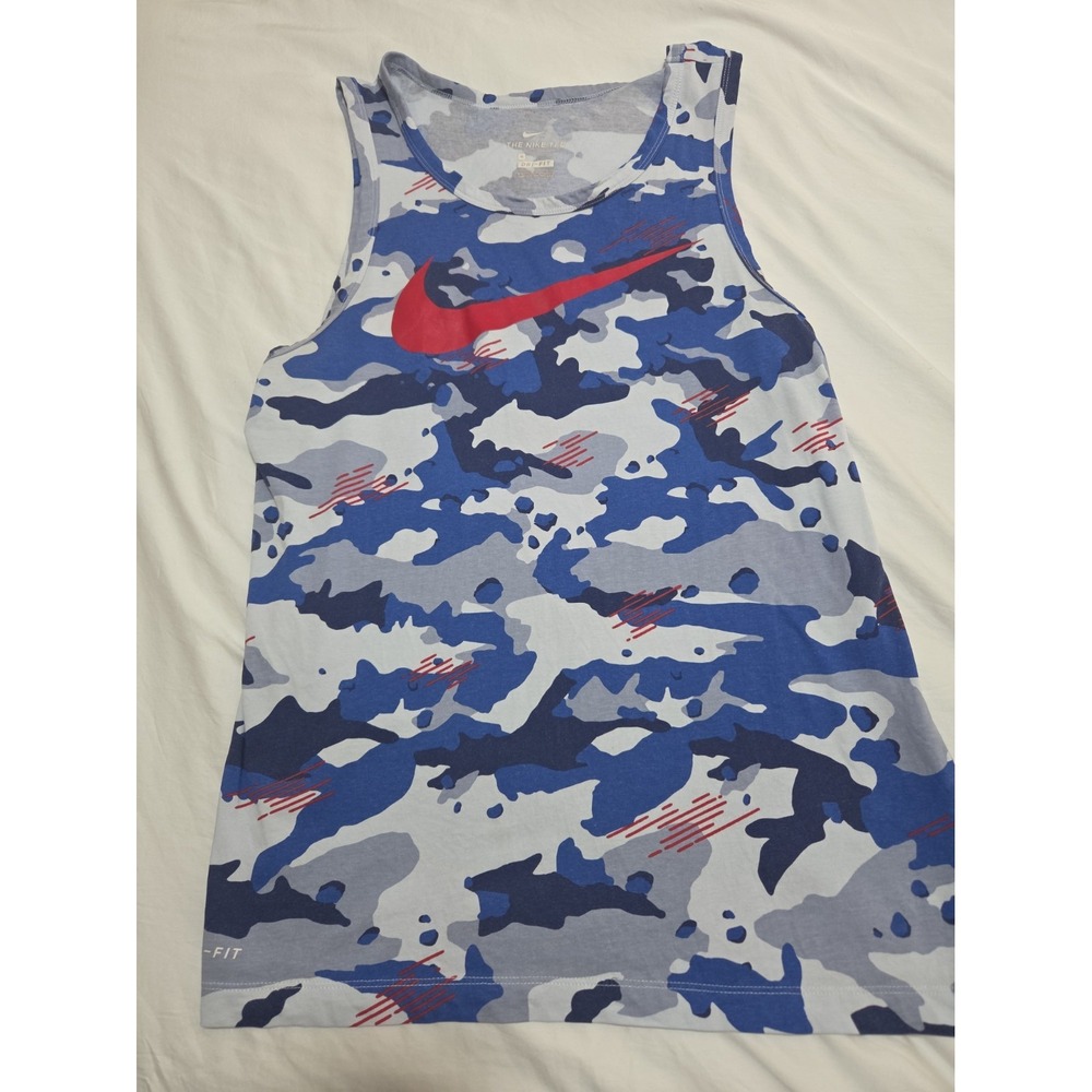 Nike Dri-FIT Men's M Blue Camo Tank Top Red Swoosh Athletic Sleeveless